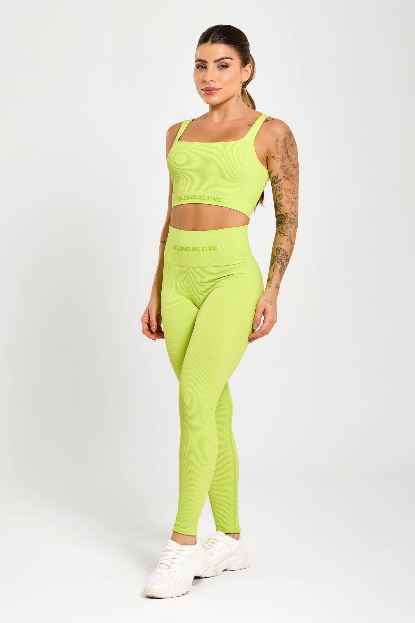Calça Legging Canelada Cós Alto Seamless Neon