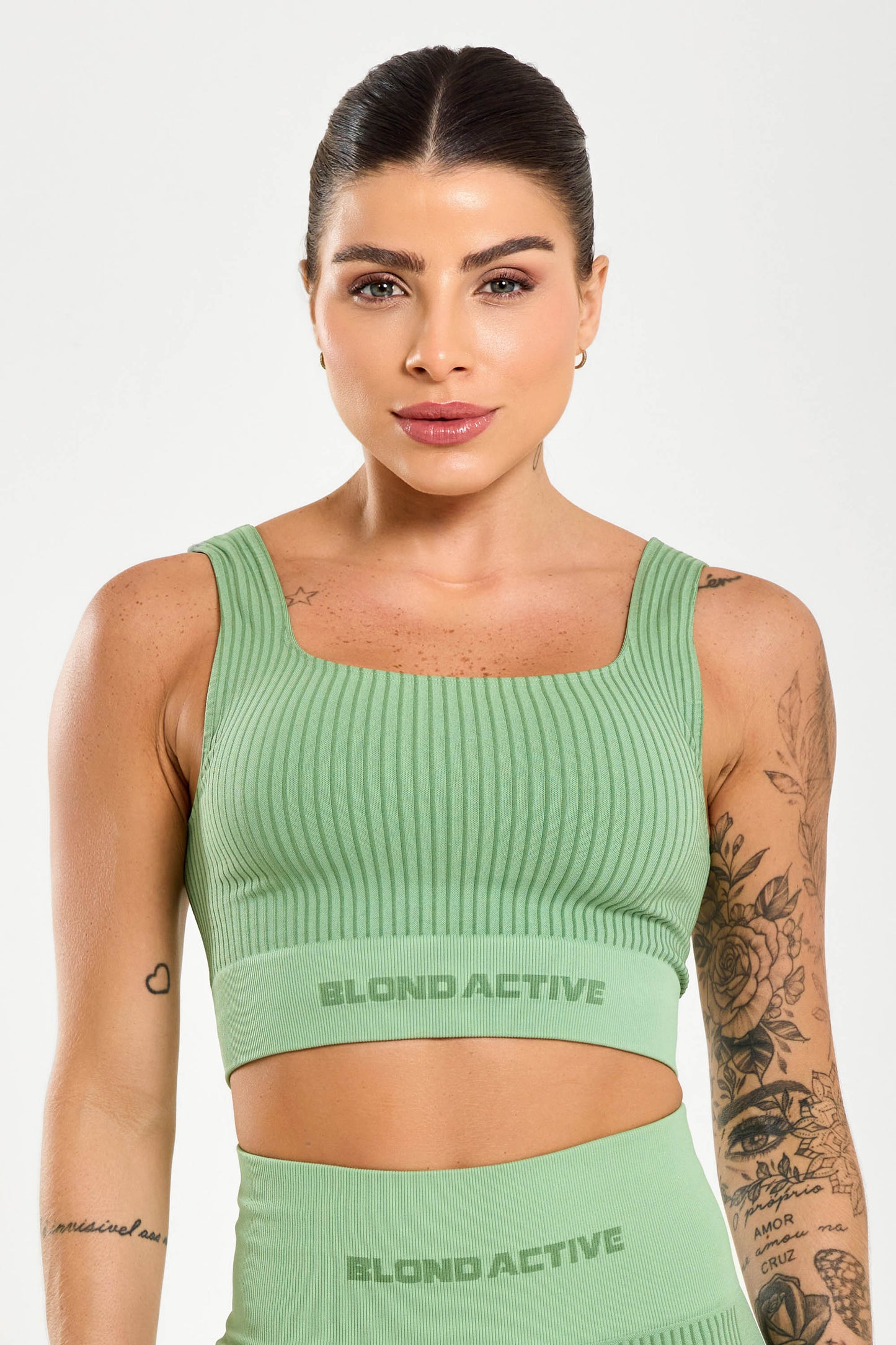 Conjunto Energy Seamless Tex Top Anatômico + Legging Canelada (Verde)