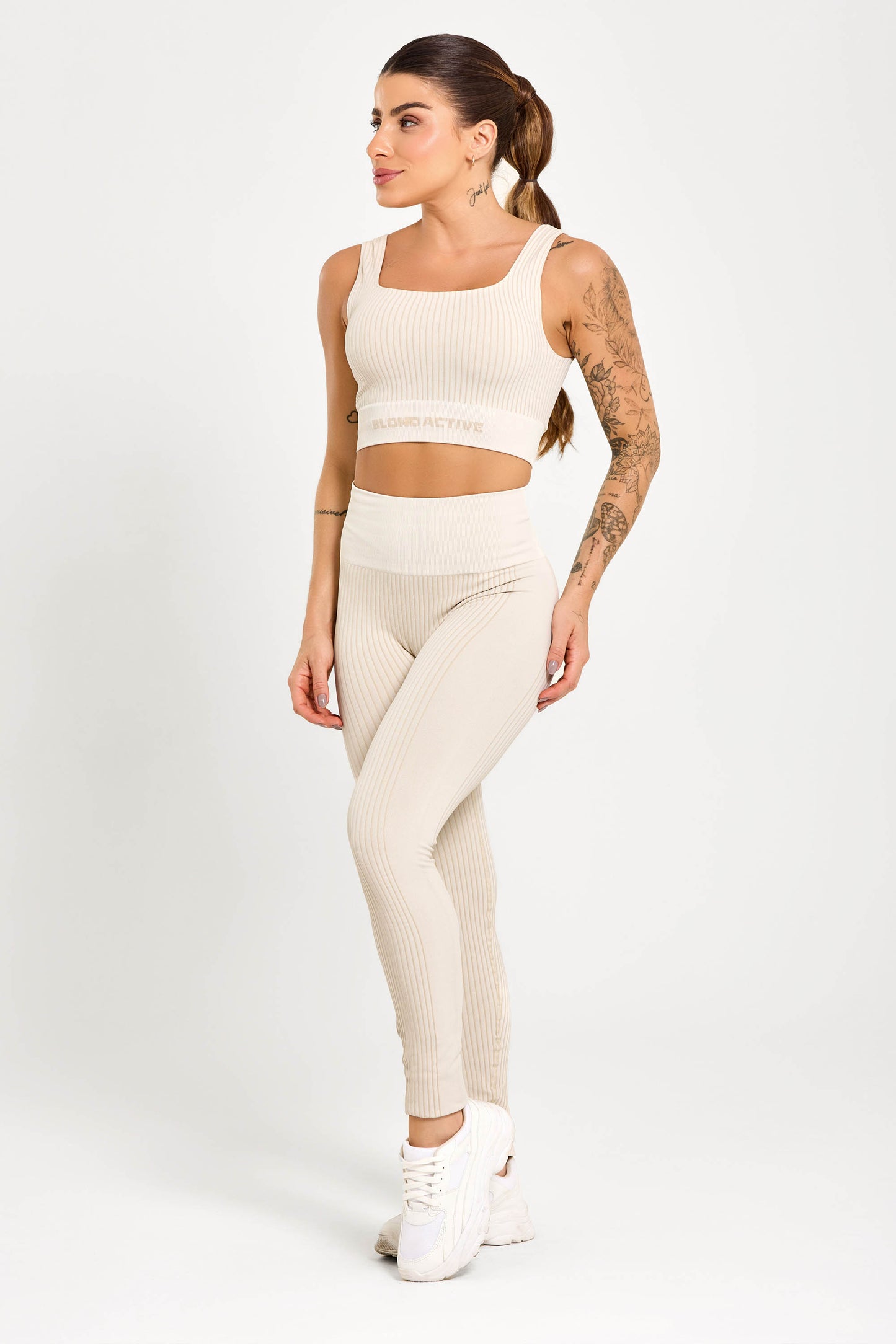 Conjunto Energy Seamless Tex Top Anatômico + Legging Canelada Off White