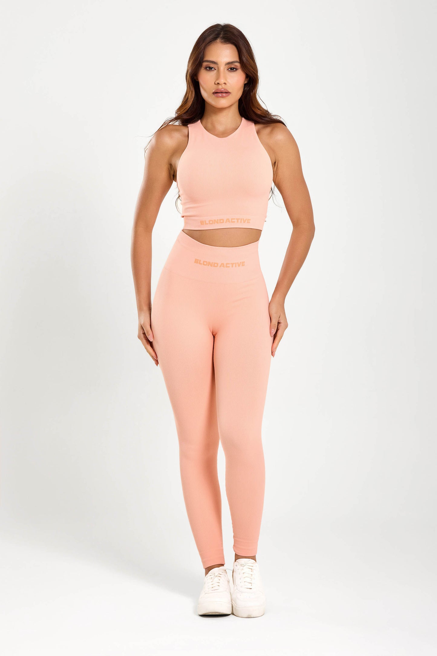 Conjunto Energy Seamless  Top Cropped (Salmão) + Legging Lisa (Salmão)