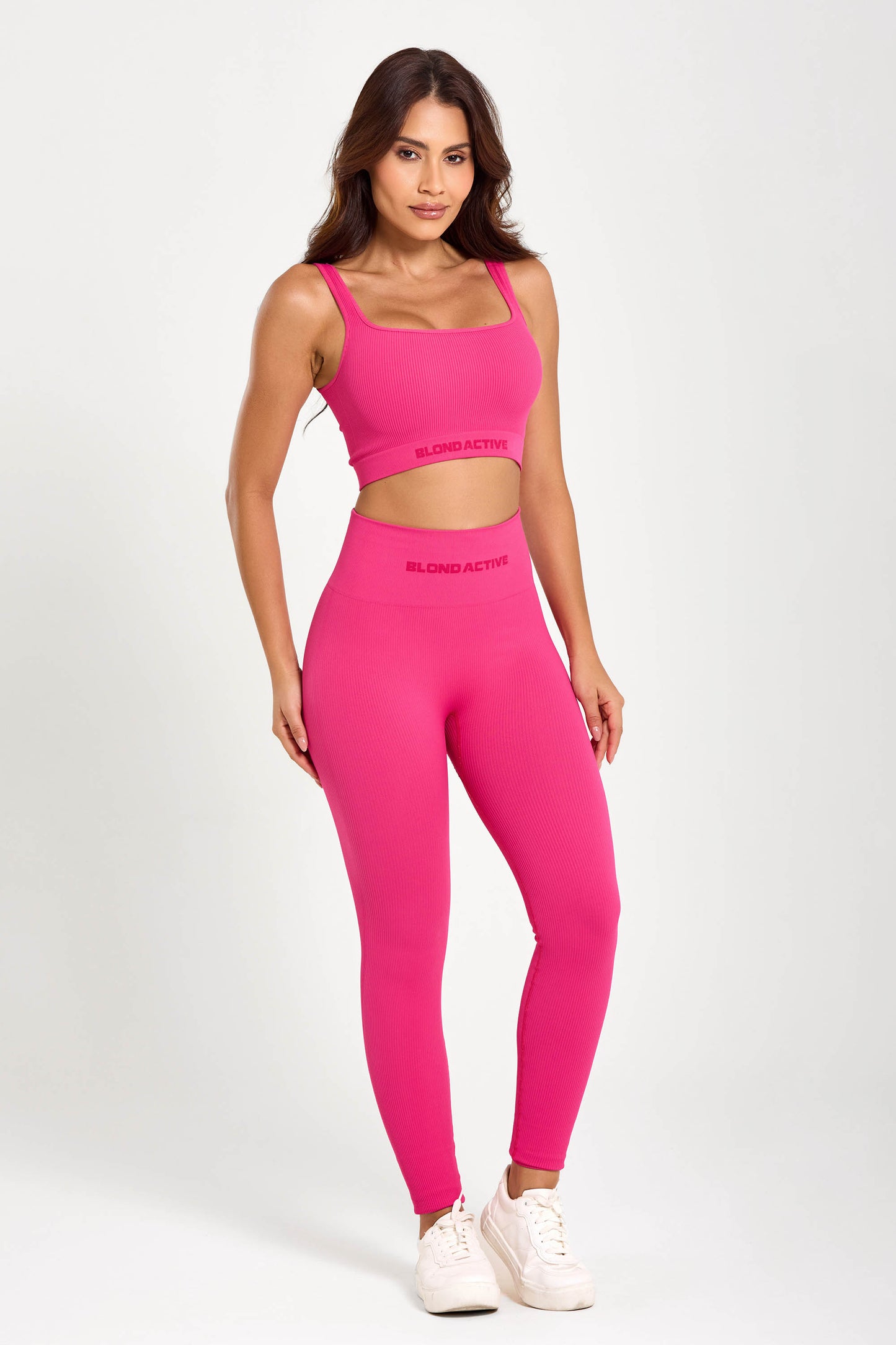 Calça Legging Canelada Cós Alto Seamless Rosa