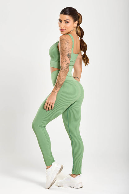 Conjunto Energy Seamless Tex Top Anatômico + Legging Canelada (Verde)