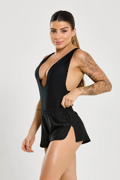 Conjunto All Black Lycra Maiô + Short (UV+, alças reguláveisa)