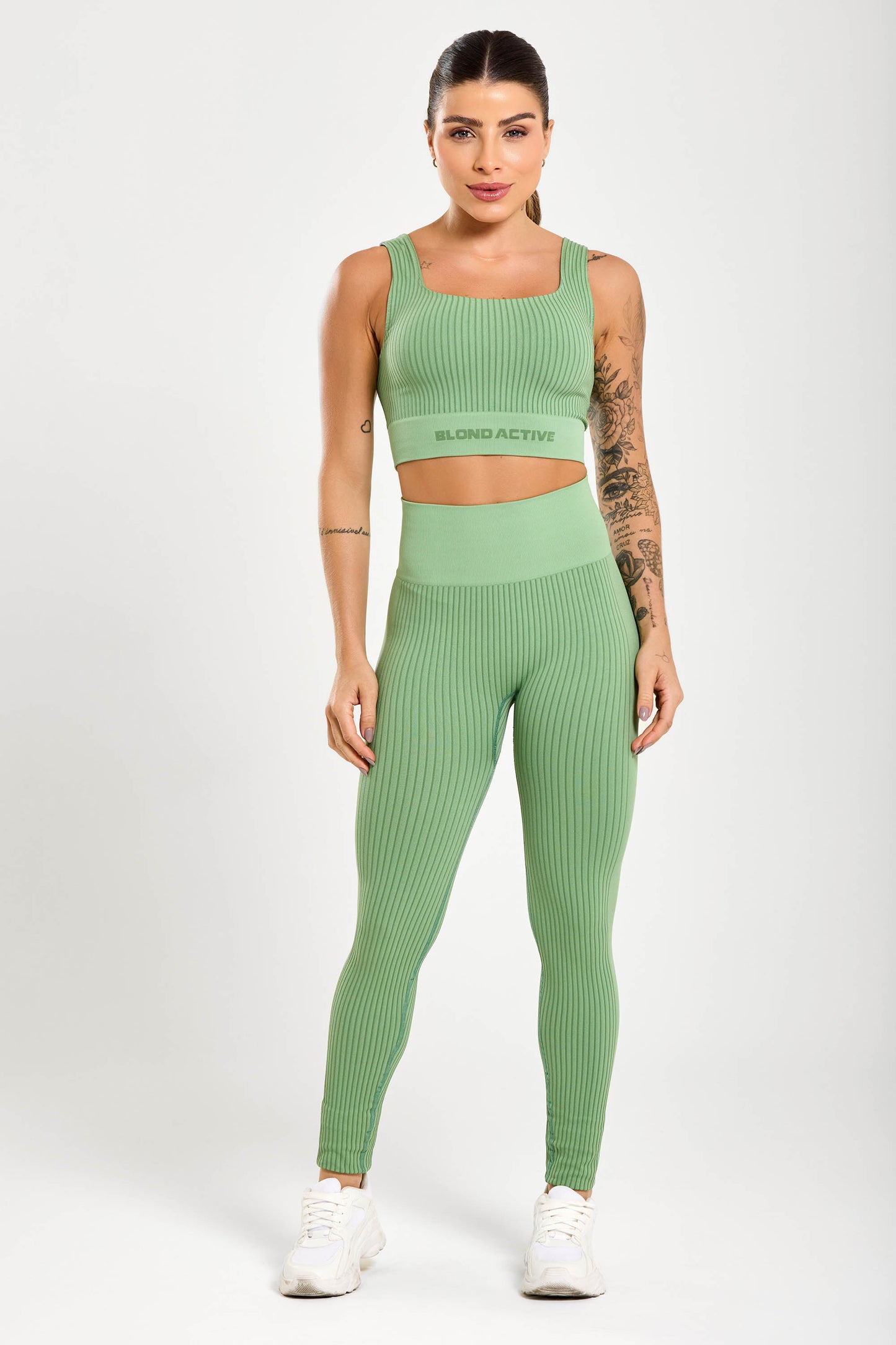 Conjunto Energy Seamless Tex Top Anatômico + Legging Canelada (Verde)
