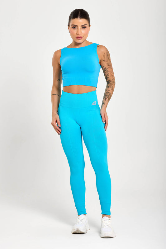 Conjunto Azul Capry Top Cropped + Legging Seamless UV+