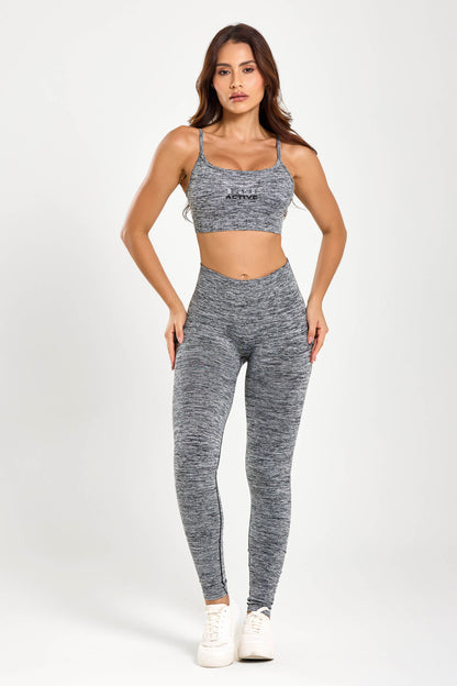 Conjunto Duomix Cinza Mescla Top + Legging Seamless UV+