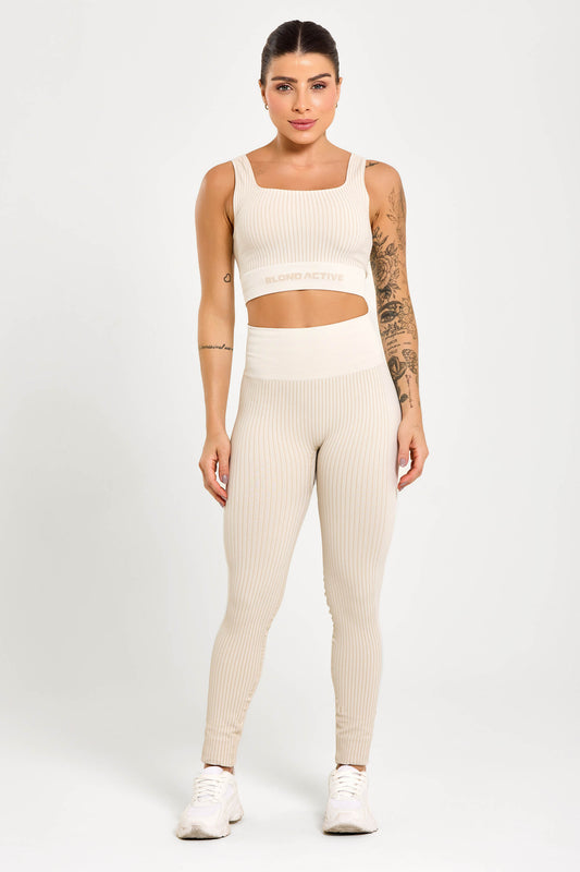 Conjunto Energy Seamless Tex Top Anatômico + Legging Canelada Off White